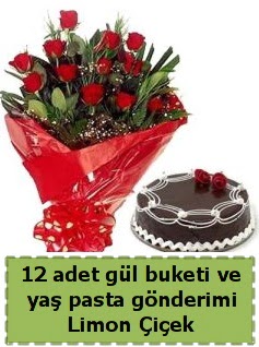 12 adet kırmızı gül buketi ve yaş pasta  Ankara çiçek gönderme sitemiz güvenlidir 