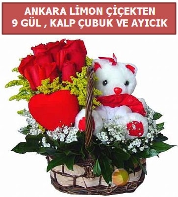 Kalp çubuk sepette 9 gül ve ayıcık  Ankara çiçekçi telefonları 