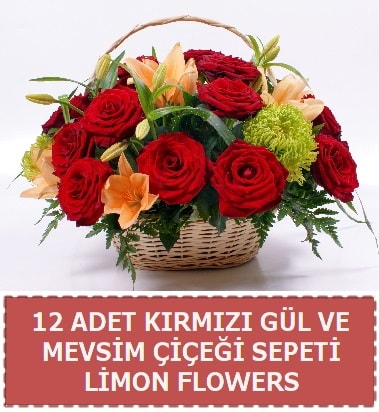 12 gül ve mevsim çiçekleri sepeti  Ankara İnternetten çiçek siparişi 