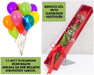 15 Adet uçan balon ve kutuda kırmızı gül  Ankara çiçek , çiçekçi , çiçekçilik 