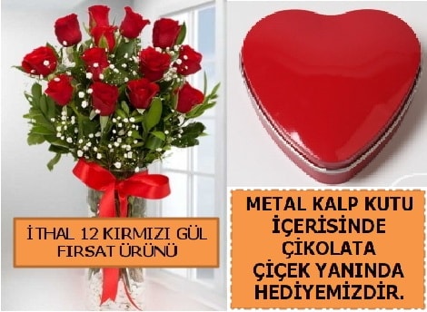 12 adet kırmızı gül ve kalp kutuda çikolata  Ankara çiçekçi telefonları 