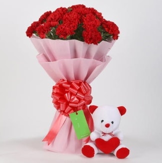 19 kırmızı karanfil buketi 15 cm ayıcık  Ankara çiçek siparişi vermek 