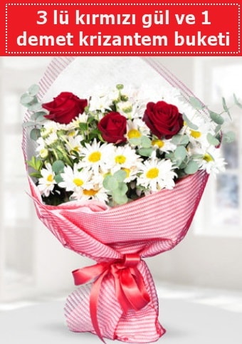 3 adet kırmızı gül ve krizantem buketi  Ankara çiçek gönderme sitemiz güvenlidir 